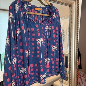 Oliphant Blue and Pink Palm Tree Blouse
